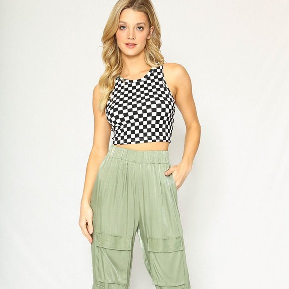 Miss Sparkling NEW Cropped Checkered Printed Rib Knit Tank in Black - Picture 5 of 6